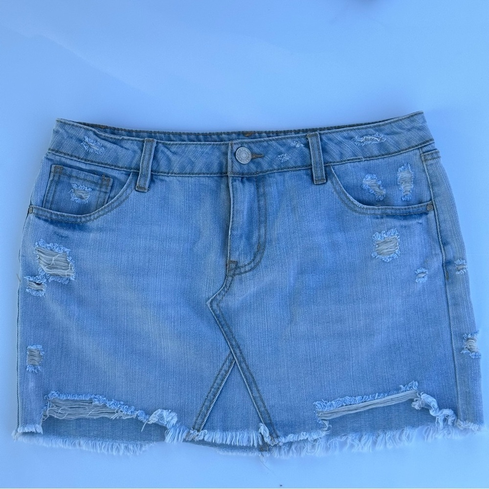 Refuge Distressed Denim Mini Skirt Blue Size M Women's Short Frayed Hem